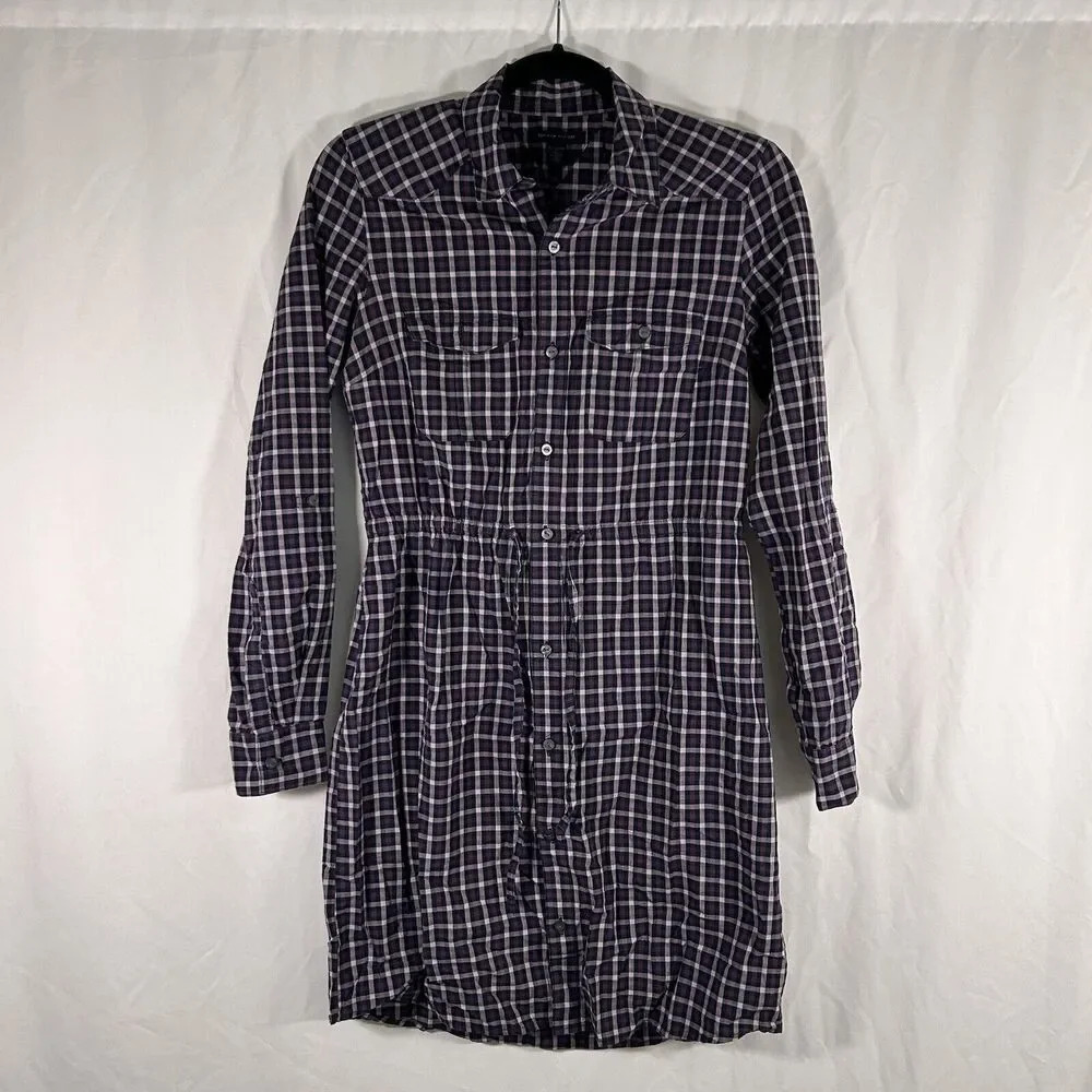 Tommy Hilfiger Knee Length Dress Women's XS Purple Plaid Button Tie Long Sleeve